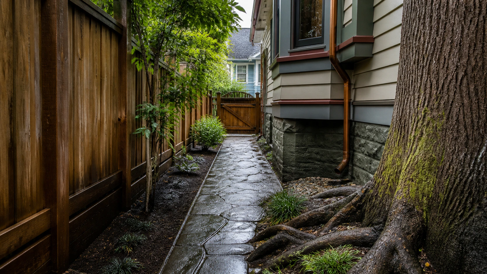 Conceptual narrow Victoria side-yard access corridor with mature tree and hardscape
