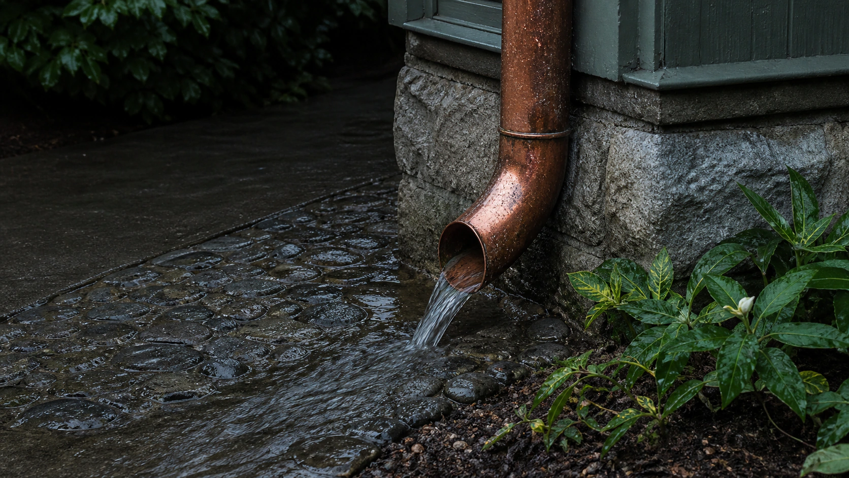 Conceptual close view of water leaving a copper downspout beside a rain-darkened stone foundation